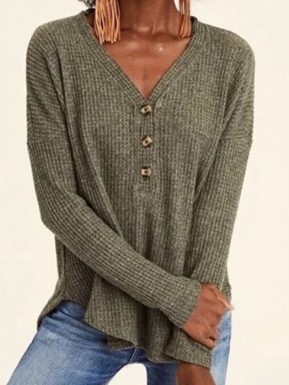 American Eagle Outfitters Soft & Sexy waffle henley top olive green oversized M
